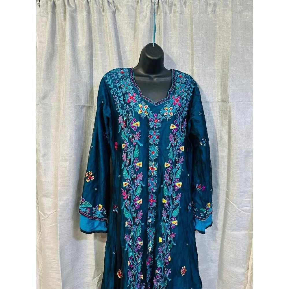 Dress gown maxi abaya turquoise green blue embroidered boho fashion - Picture 3 of 12